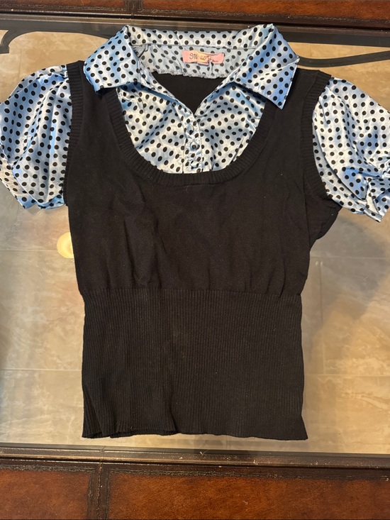 Star City Tops - Vintage y2k Star City Black Knit Overlay Top with Blue Polka Dot Puff Sleeves